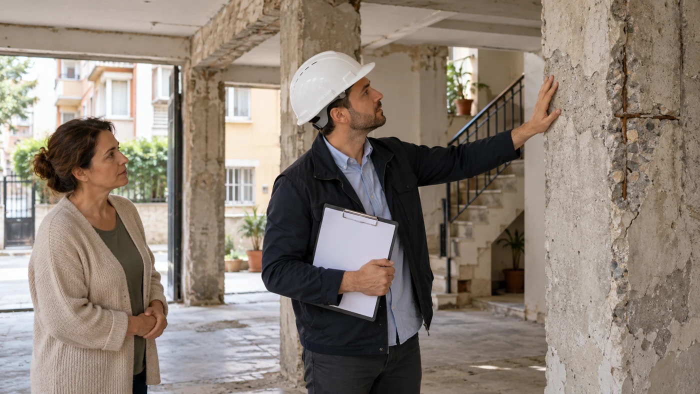Mühendisin bir apartmanın betonarme kolonunu malik eşliğinde incelediği temsili görsel