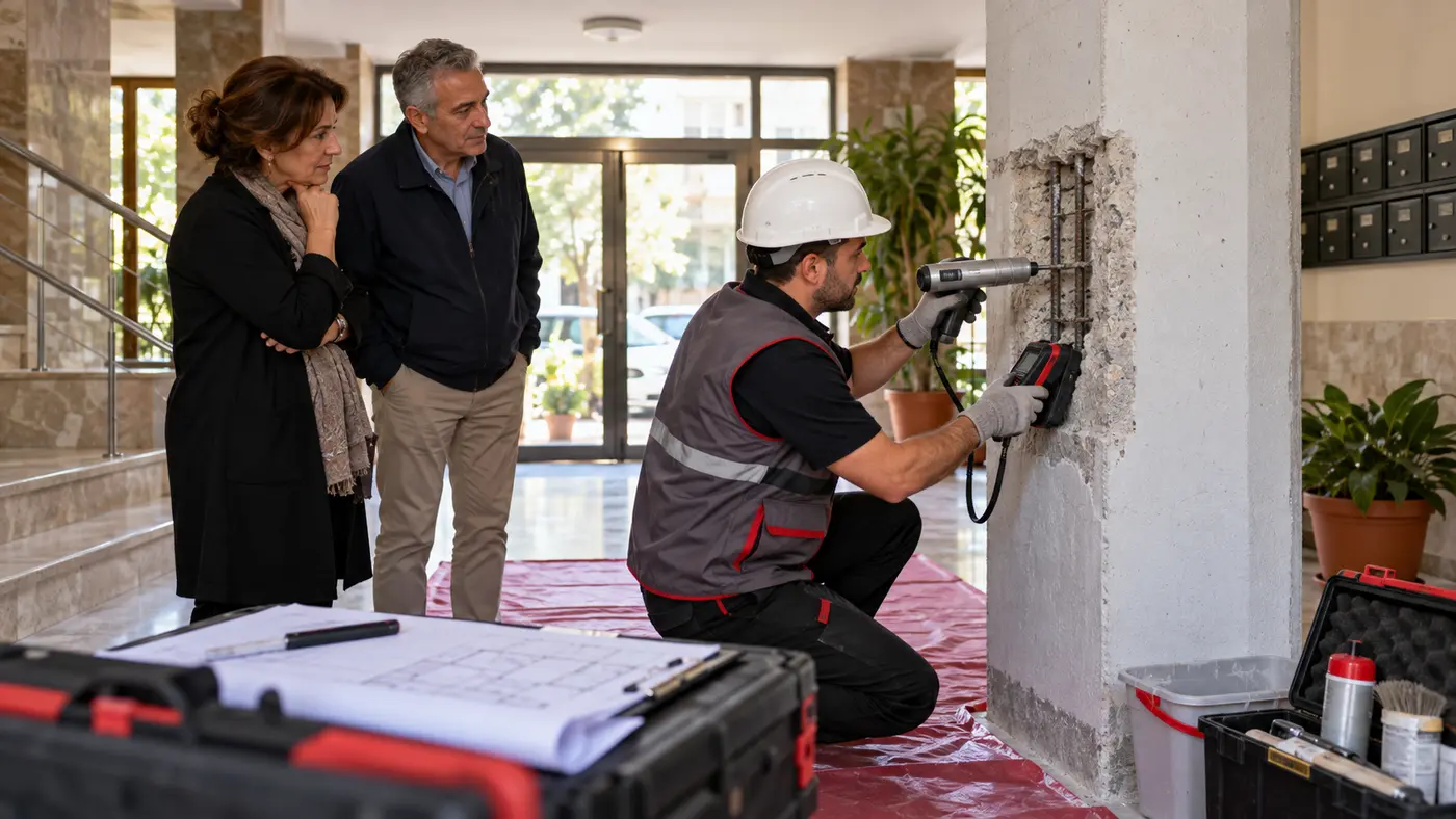 İstanbul’da bir apartman kolonunda ölçüm yapan mühendis ile incelemeyi izleyen maliklerin temsili görseli