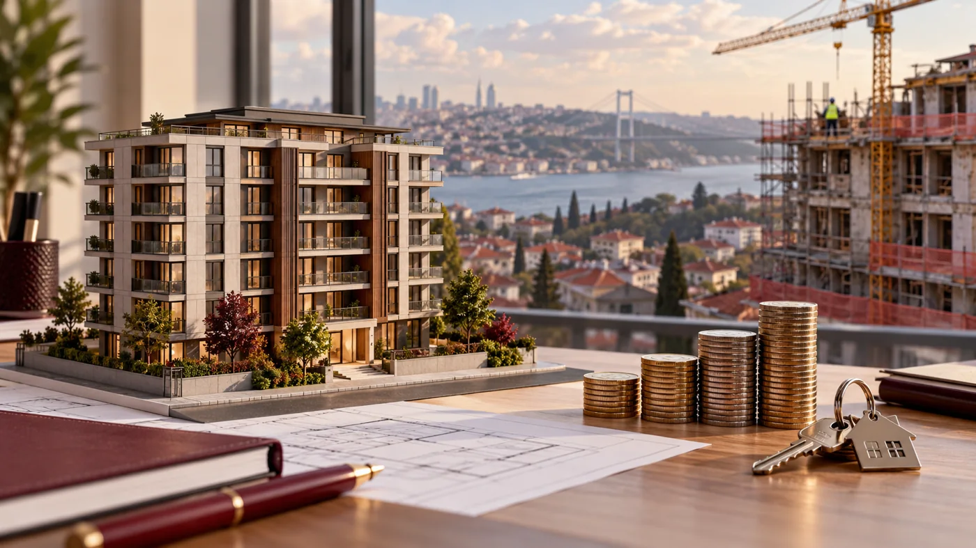 Kentsel dönüşüm finansmanını anlatan bina maketi, birikim ve anahtarlı temsili görsel